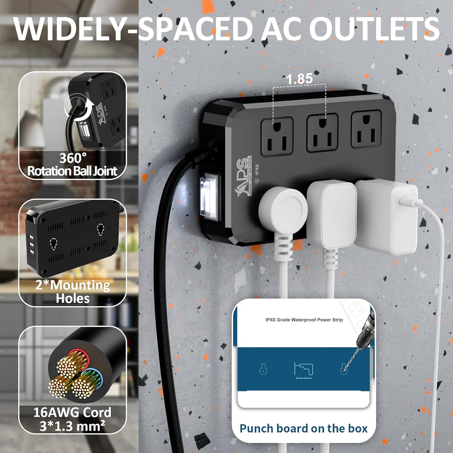 Qiyuan Outdoor Power Strip Weatherproof, 6 Outlet 3 USB 6FT Extension Cord