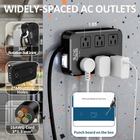 Qiyuan Outdoor Power Strip Weatherproof, 6 Outlet 3 USB 6FT Extension Cord