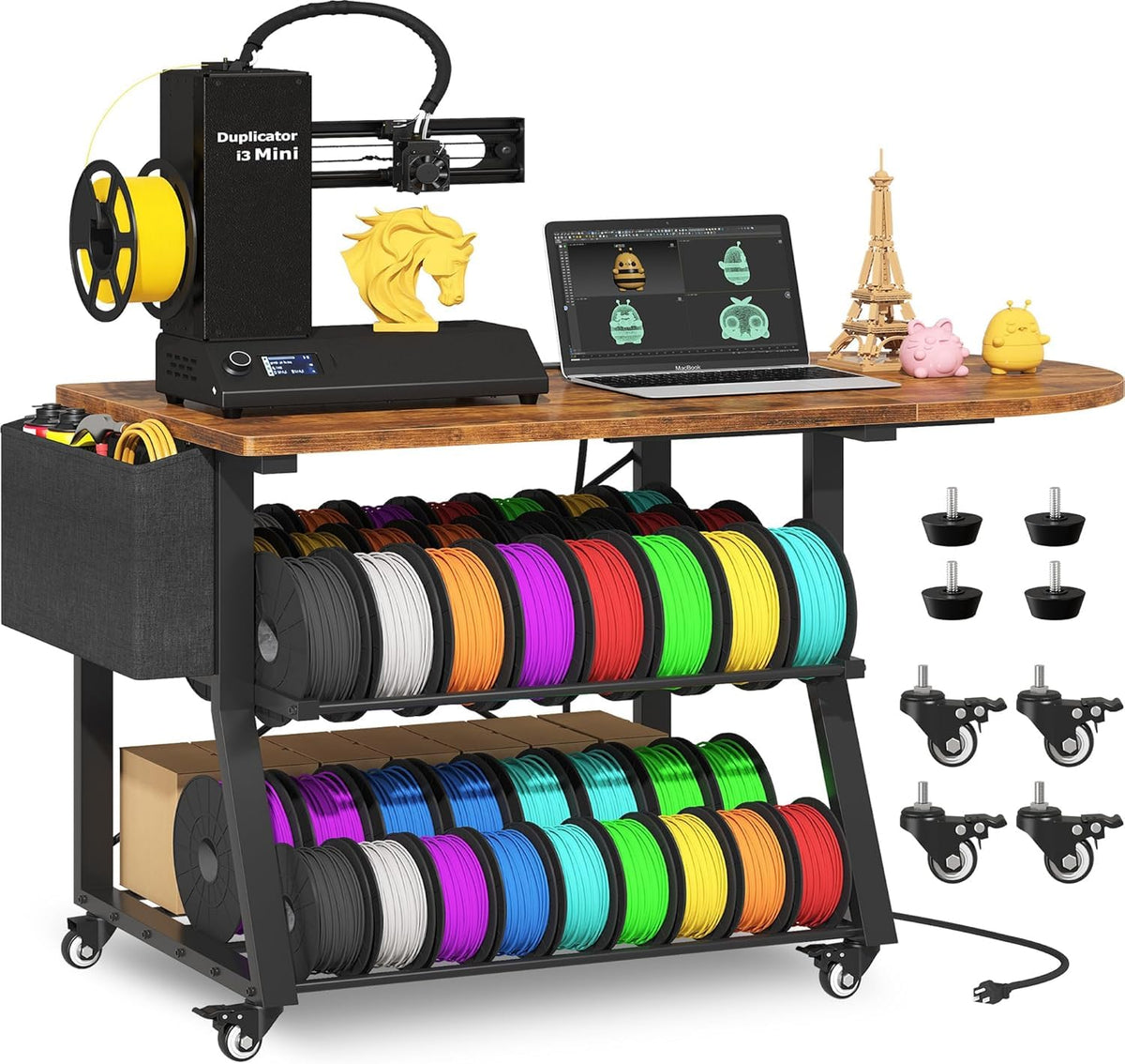 3D Printer Stand with Foldable Desktop & Fabric Drawer – Compact Rolling 3-Tier 3D Printer Table with Power Outlet & X-Bracket Stability for Small Spaces, Home, Workshop