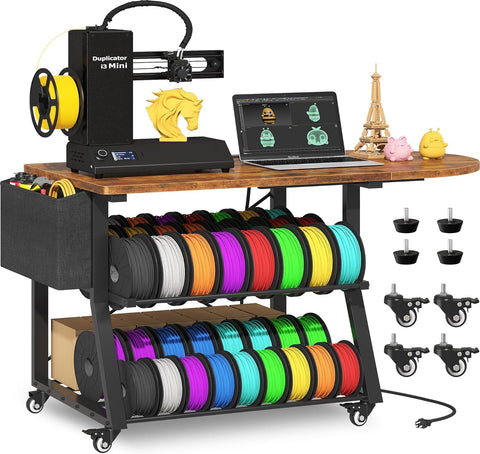 3D Printer Stand with Foldable Desktop & Fabric Drawer – Compact Rolling 3-Tier 3D Printer Table with Power Outlet & X-Bracket Stability for Small Spaces, Home, Workshop