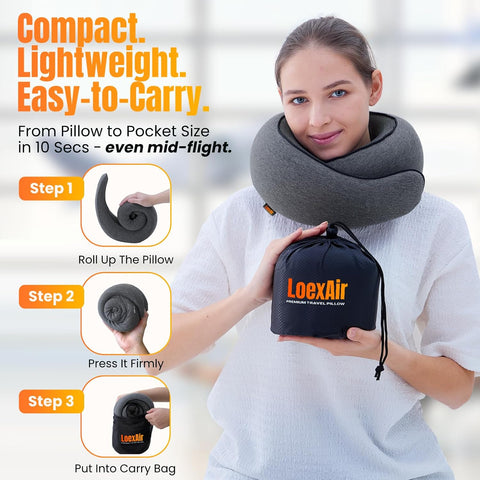 LOEXAIR™ Travel Pillow, Neck Pillow Travel for Airplane, Car - 100% Cotton Fabric & Memory Foam Plane Pillow, Lightweight & Easy-to-Carry on Flight, Full Travel Set (Eye Mask, Earplugs) - Dark Grey
