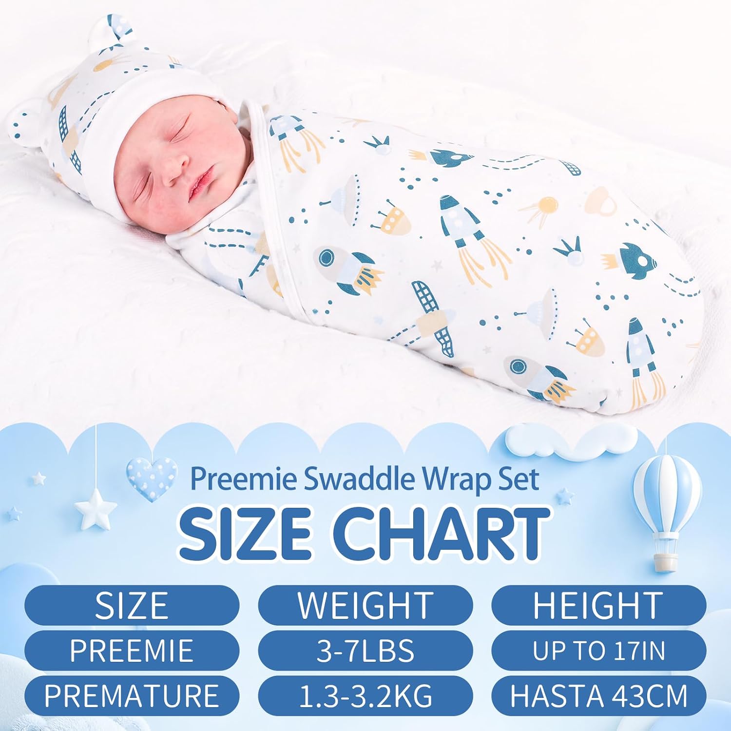 Buryeah 4 Pack Preemie Swaddle Blankets with Hats, Preemie, Space, Blue