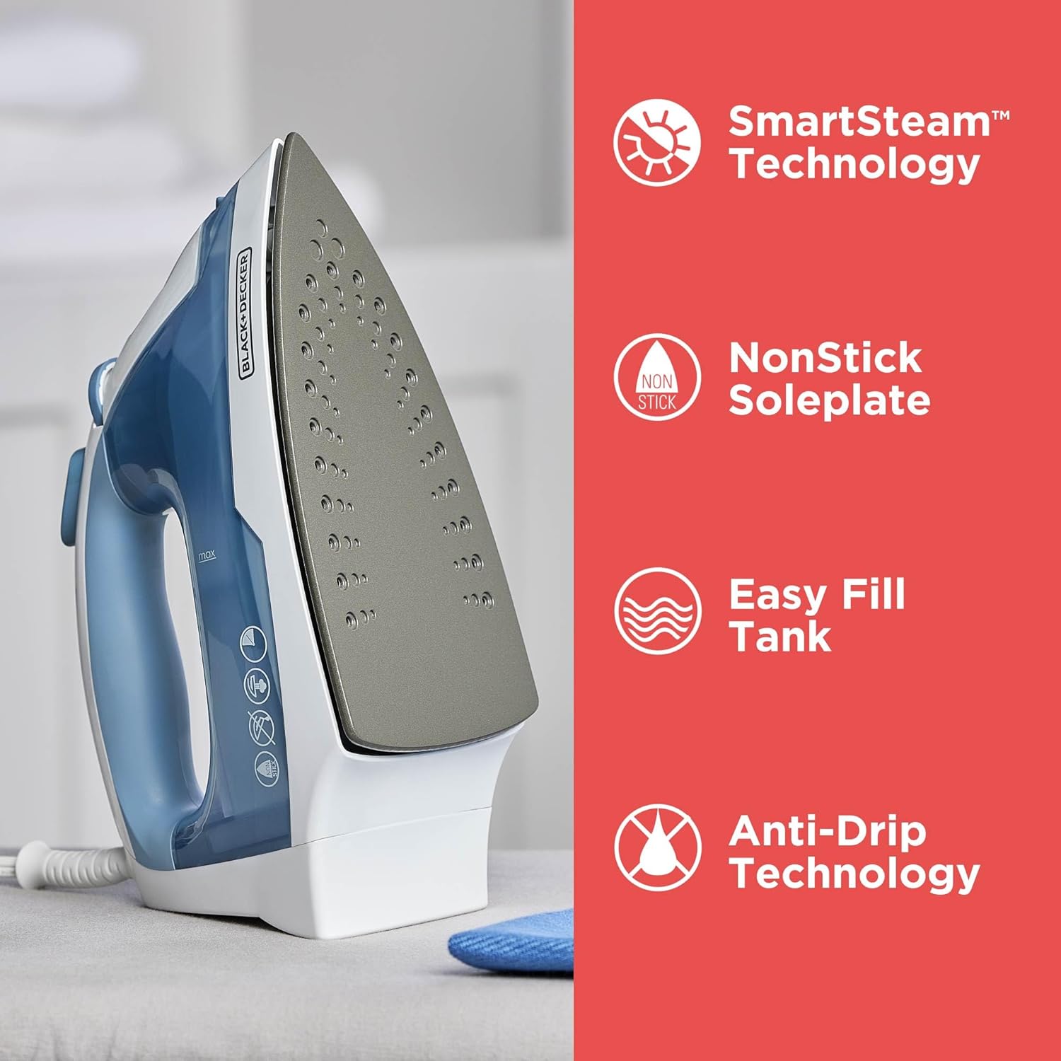 BLACK+DECKER Steam Iron for Clothes with Auto Shutoff & TrueGlide Soleplate