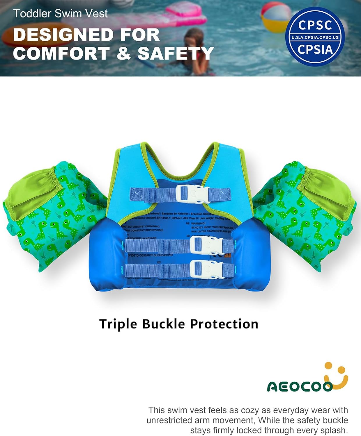AEOCOO Puddle Float Jumper for Swiming, Toddler Swim Vest for Water Play, Pool Floats with Swimming Arm Floaties Swim Jacket & Water Wings for Kids Swimmies, Boys, Girls, Niños