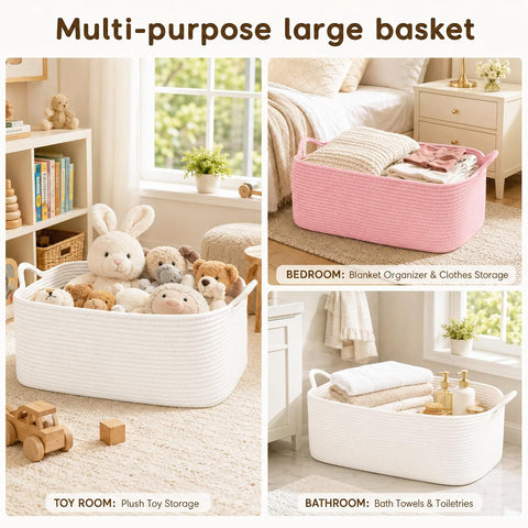 OIASKET XXL Large Empty Cotton Rope Gift Basket with Handles, 20.1"x14.6"x8.7" Decorative Woven Storage Basket with Gift Bag and Ribbon Set for Baby Shower, Toy Organizer for Kids, Dogs & Cats - White