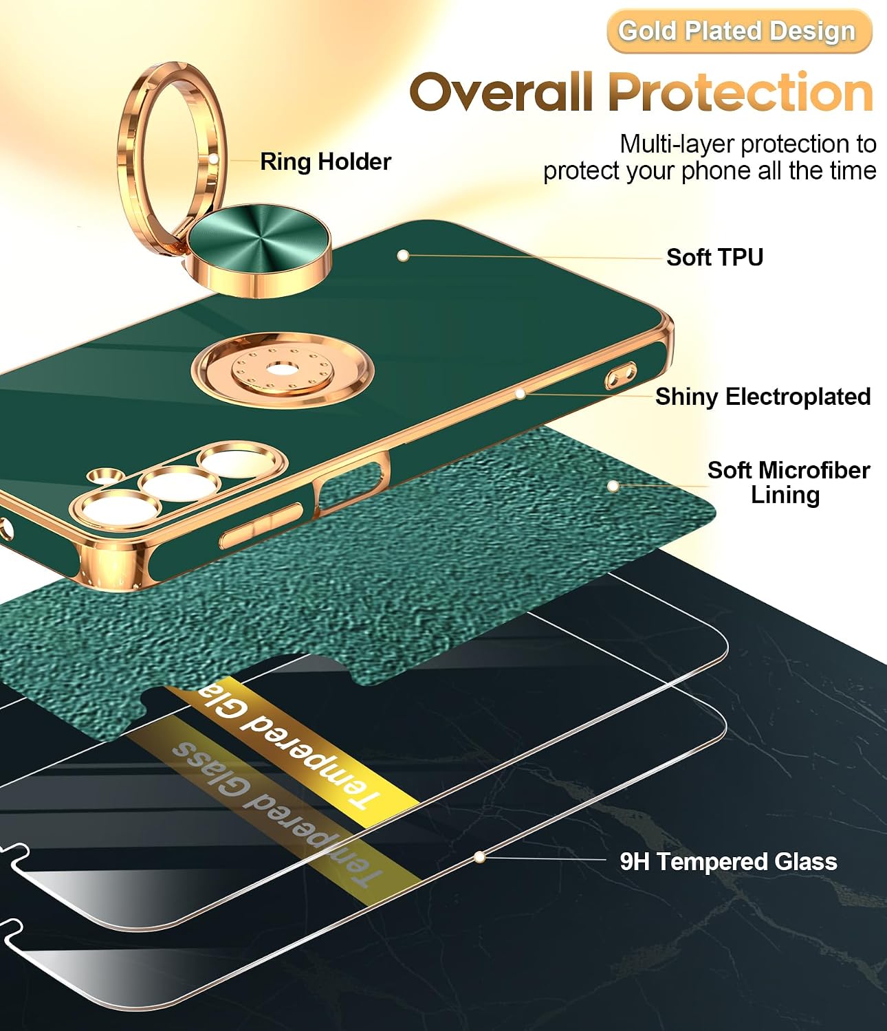 LeYi for Samsung Galaxy A16-5G Case: 2 Pack Tempered Glass Screen Protector and 360° Rotatable Ring Holder Magnetic Kickstand, Plating Rose Gold Edge para A 16 Case, Dark Green
