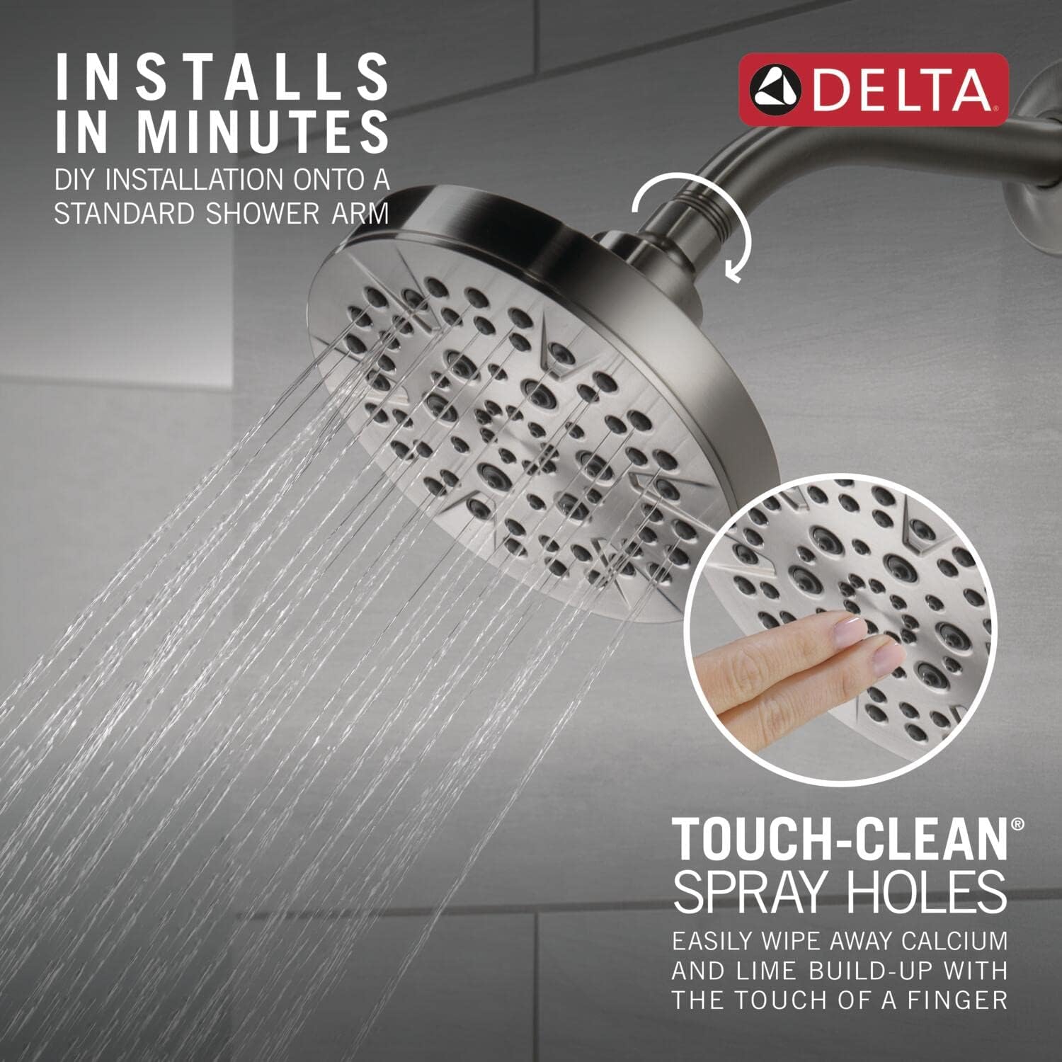 Delta 6-Setting Brushed Nickel Shower Head with High Pressure Spray, 6 Inch Round Shower Head, Showerheads, 1.75 GPM Flow Rate, Stainless 52535-SS