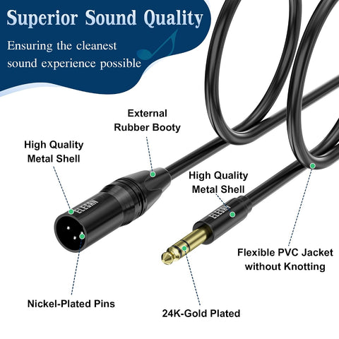 Elecan 6.35mm (1/4 Inch) TRS Male to XLR Male Cable 25 Ft, Balanced Professional Shielded Stereo Microphone Cable Cord, Gold Plated for Mixer AMP Speaker Amplifier with 6.35 to 3.5mm Adapter+Ties