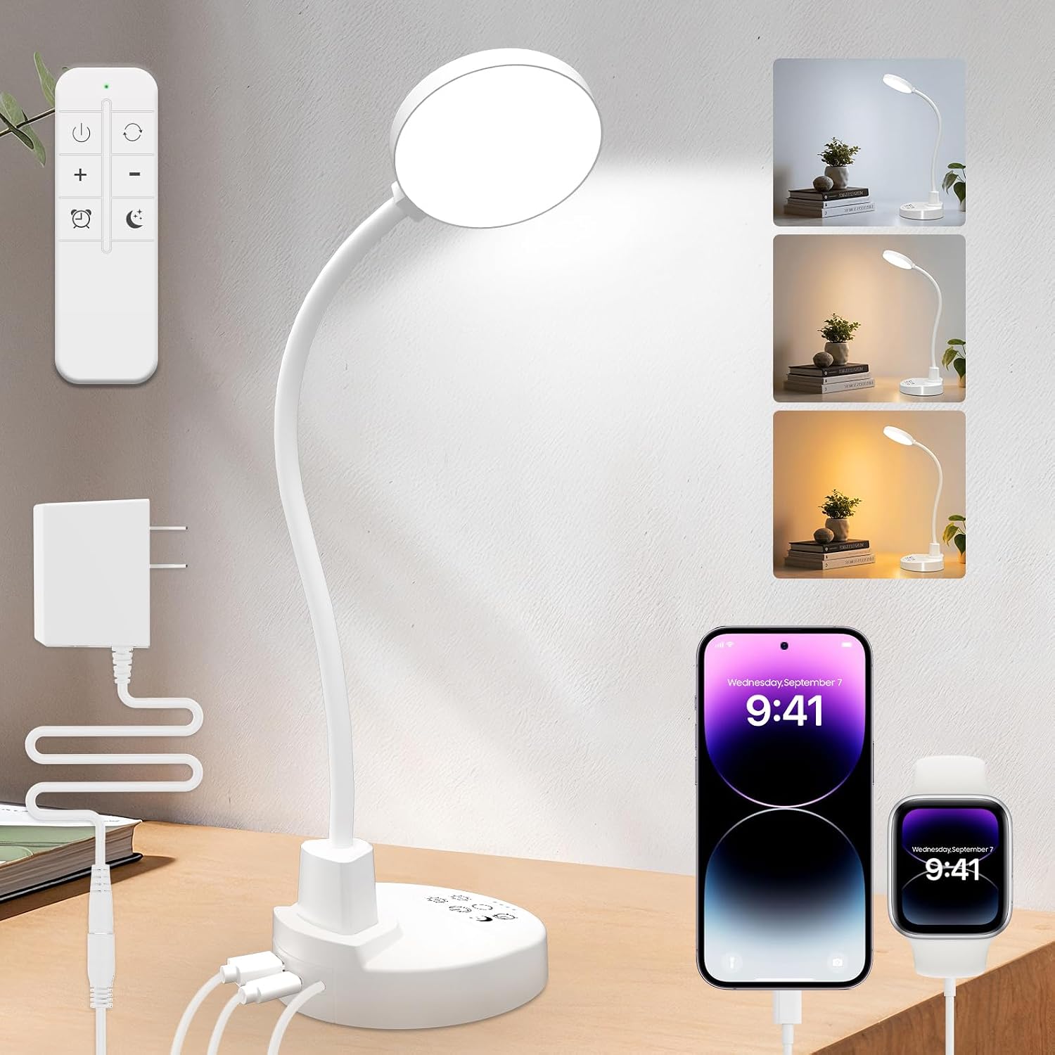 15W LED Desk Lamp with USB Charging Ports, [Button & Remote Control] Dimmable Table Lamp with 3 Color Modes, 5 Brightness Levels, 4 Timers, Flexible Reading Light for Home Office, Bedroom, Kids Study