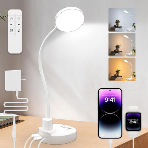 15W LED Desk Lamp with USB Charging Ports, [Button & Remote Control] Dimmable Table Lamp with 3 Color Modes, 5 Brightness Levels, 4 Timers, Flexible Reading Light for Home Office, Bedroom, Kids Study