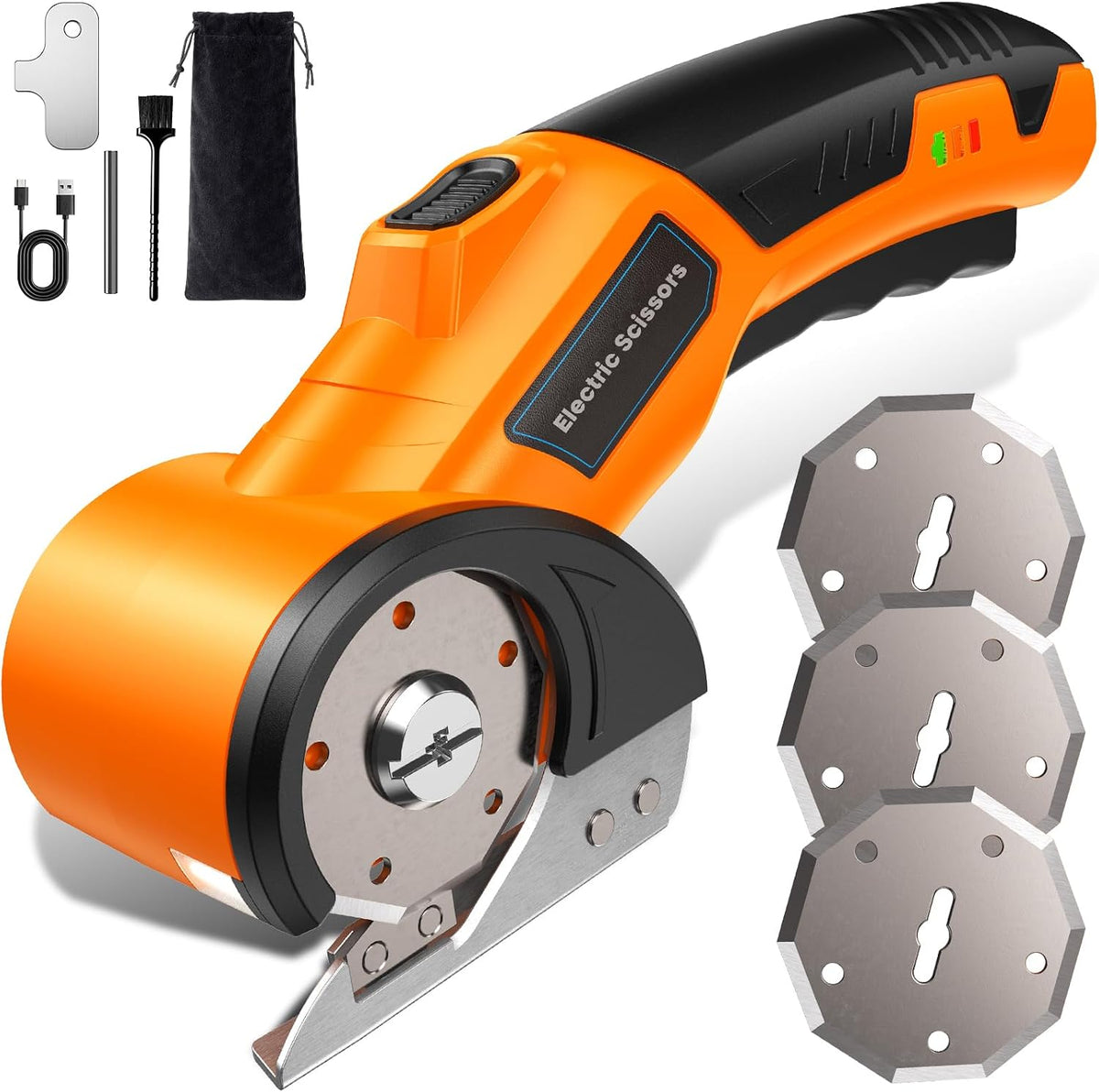 Cordless Cardboard Cutter with 3 Tungsten Steel Blades, 2500mAh Battery, LED Light, High-Torque Motor, Electric Scissors for Fabric, Cardboard, Leather, Carpet, Rechargeable Cutting Tool