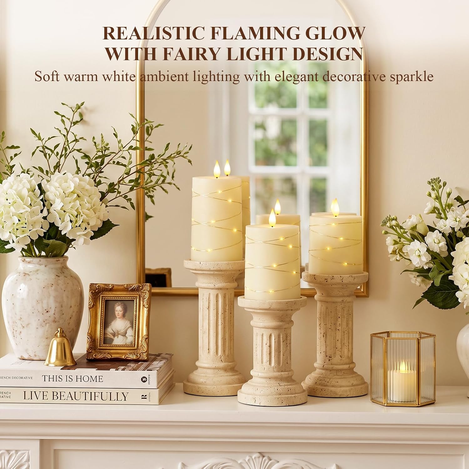 Homemory Ivory Flameless Candles with String Lights, Set of 3 Battery Operated LED Pillar Candles with 3D Flickering Wicks, 11-Key Remote Control and Timer for Home, Wedding and Christmas Decor