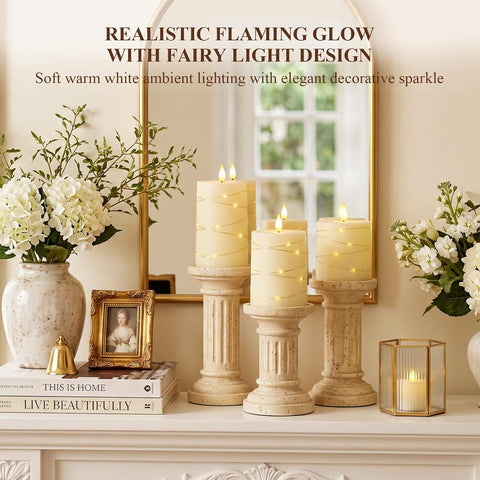 Homemory Ivory Flameless Candles with String Lights, Set of 3 Battery Operated LED Pillar Candles with 3D Flickering Wicks, 11-Key Remote Control and Timer for Home, Wedding and Christmas Decor