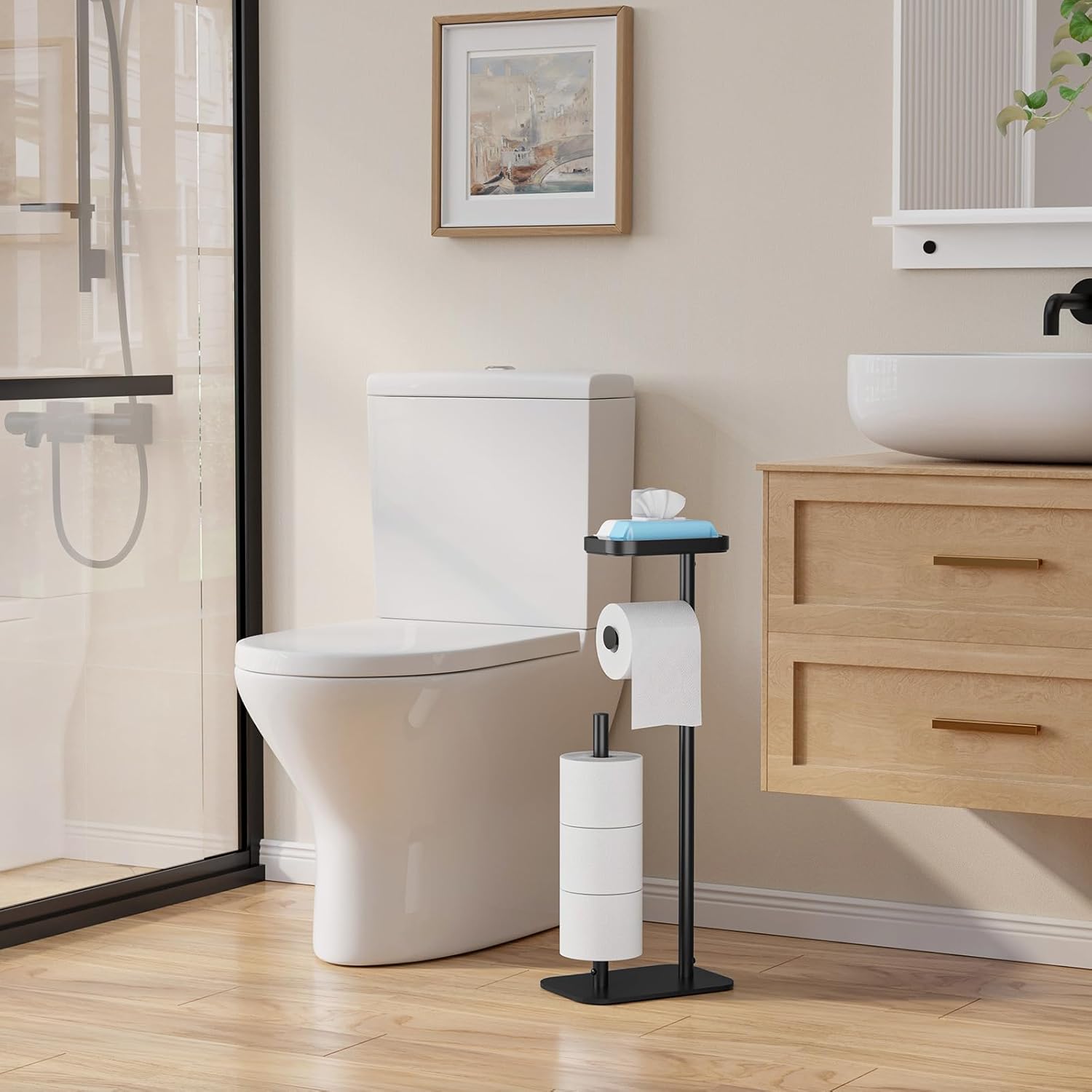 Kitsure Metal Toilet Paper Holder Free Standing, Medium, Black
