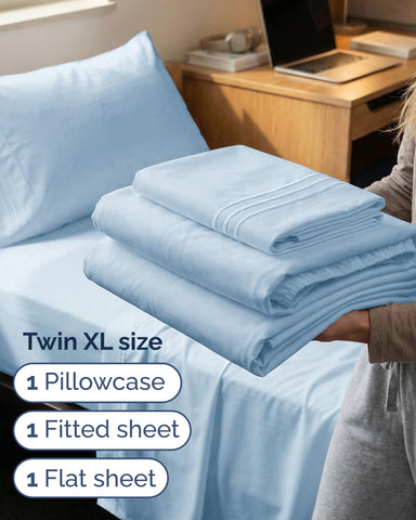 Twin XL 3 Piece Sheet Set - College Dorm Room Essentials - Light Blue