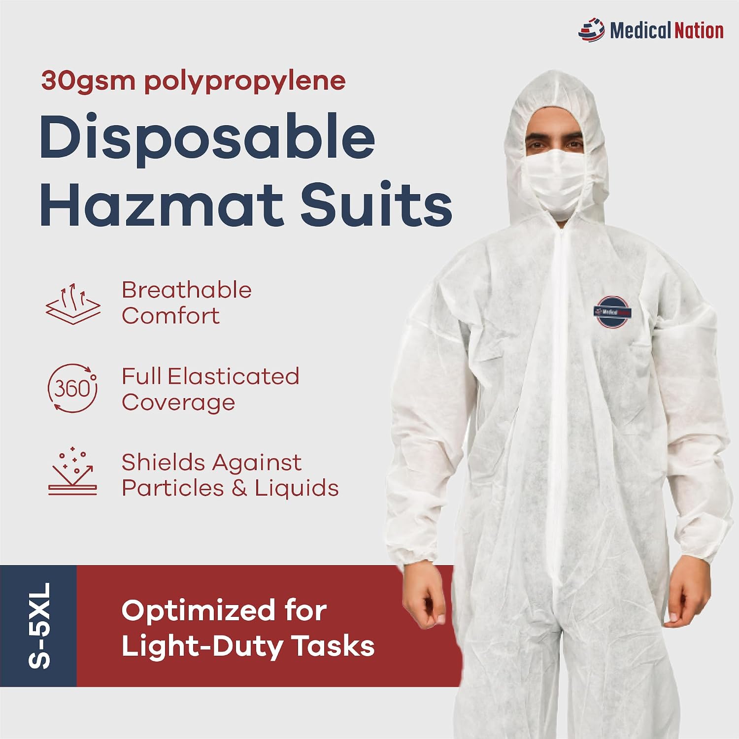 Medical Nation Hazmat Suits Disposable | 25 Pack | Light Duty Disposable Coveralls Men | with Attached Hood - Overall Protective Chemical Suit for Men & Women, Disposable Paint Suit - Size 2X-Large