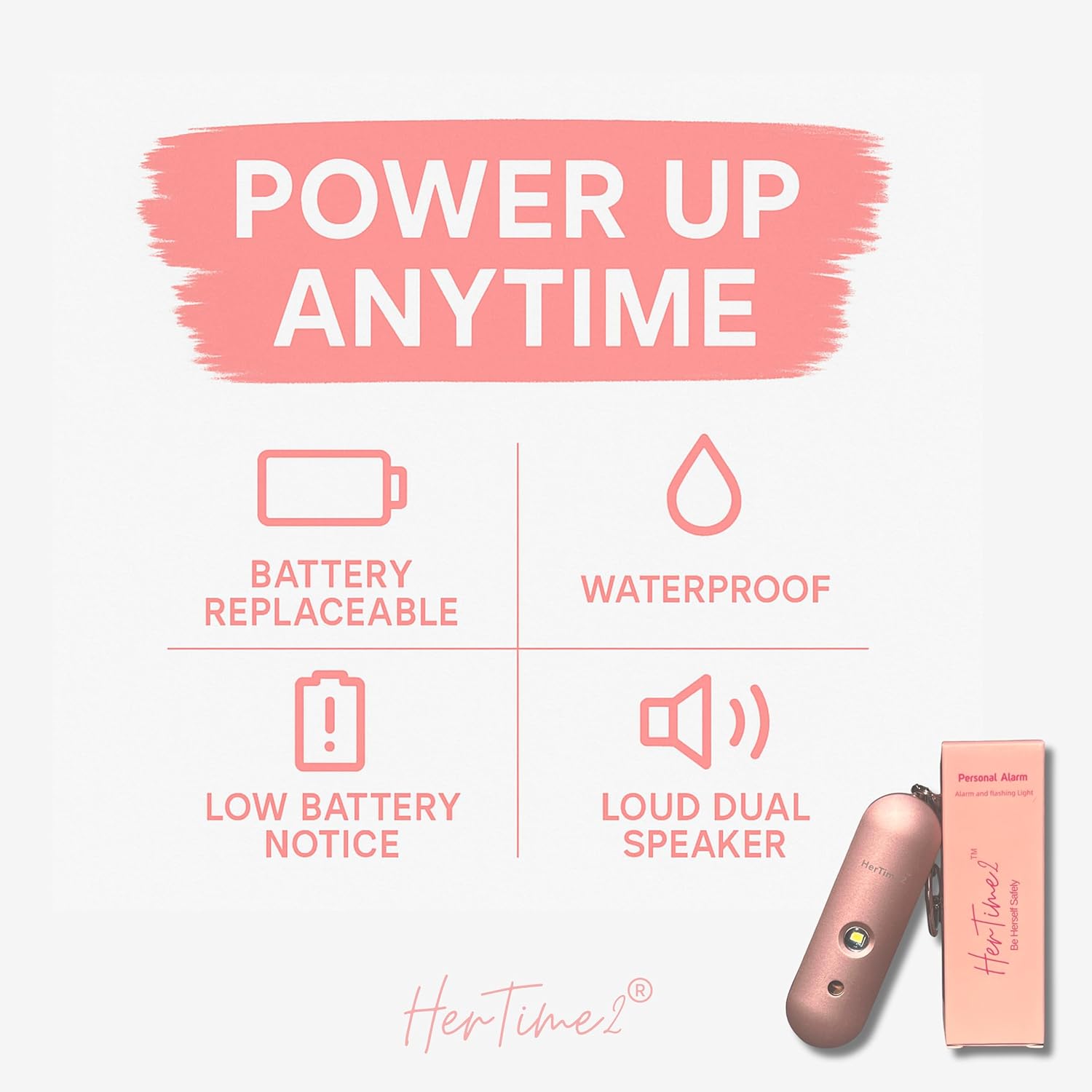 HerTime2 Personal Safety Alarm for Women - Loud Self Defense Siren, Waterproof Keychain with Strobe Light - Battery Powered, Rose Gold