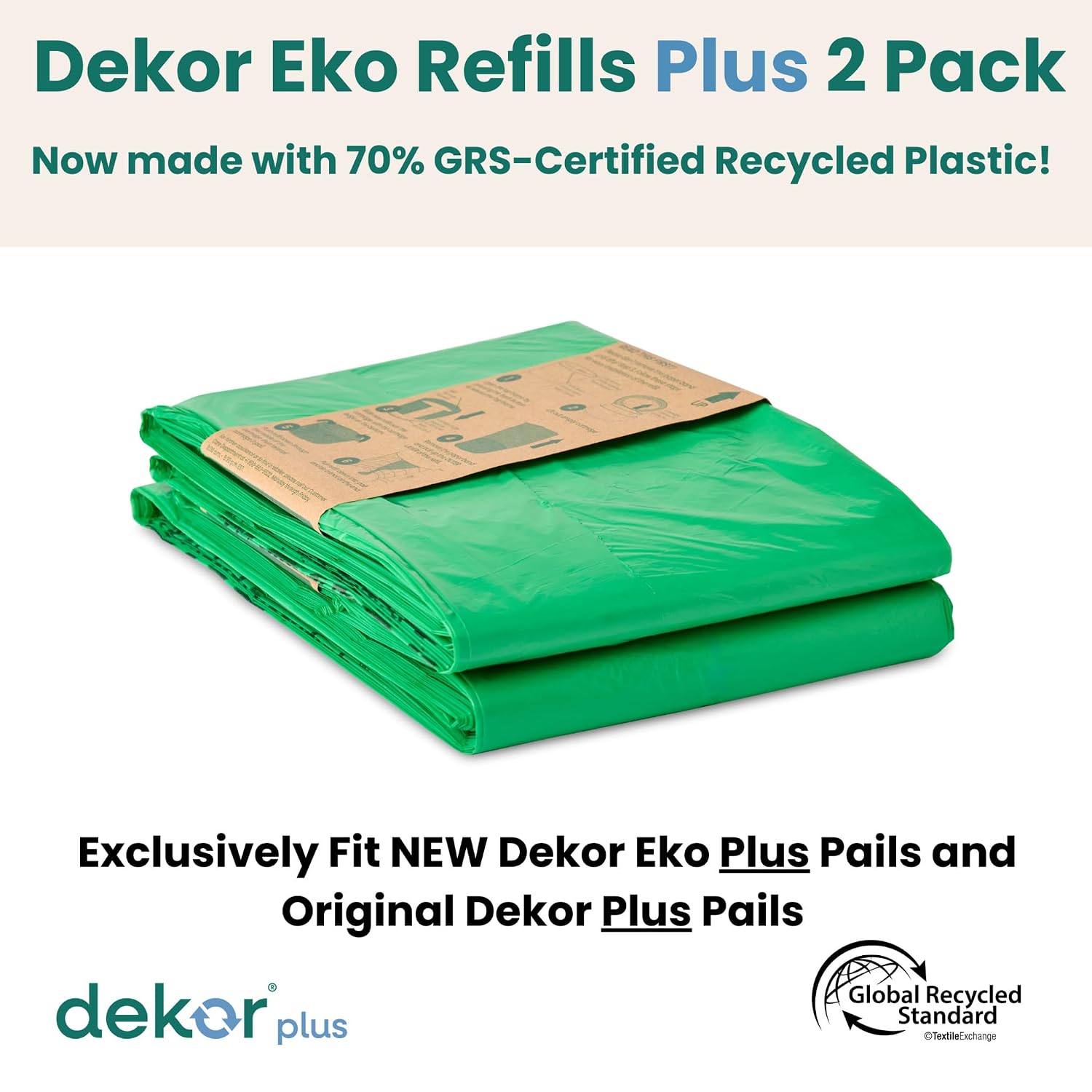 Diaper Dekor PLUS Diaper Pail Refills | 2 Count Unscented | Exclusive End-of-Liner Marking | Thick, Quick & Easy to Replace | Most Economical Refill System | for Original and Eko Style Pails