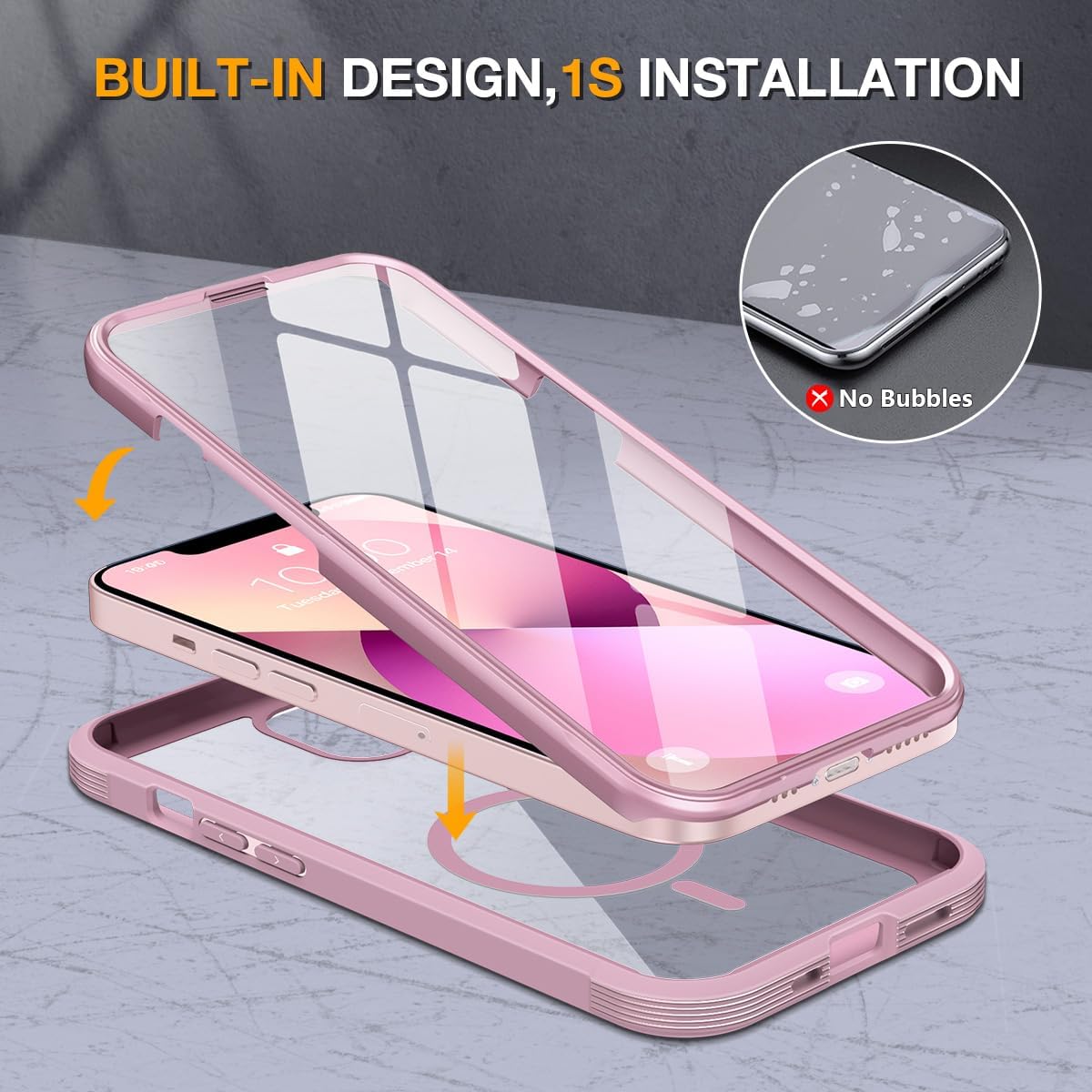 miracase for iPhone 13 Case 6.1",Built-in Glass Screen Protector,Pink