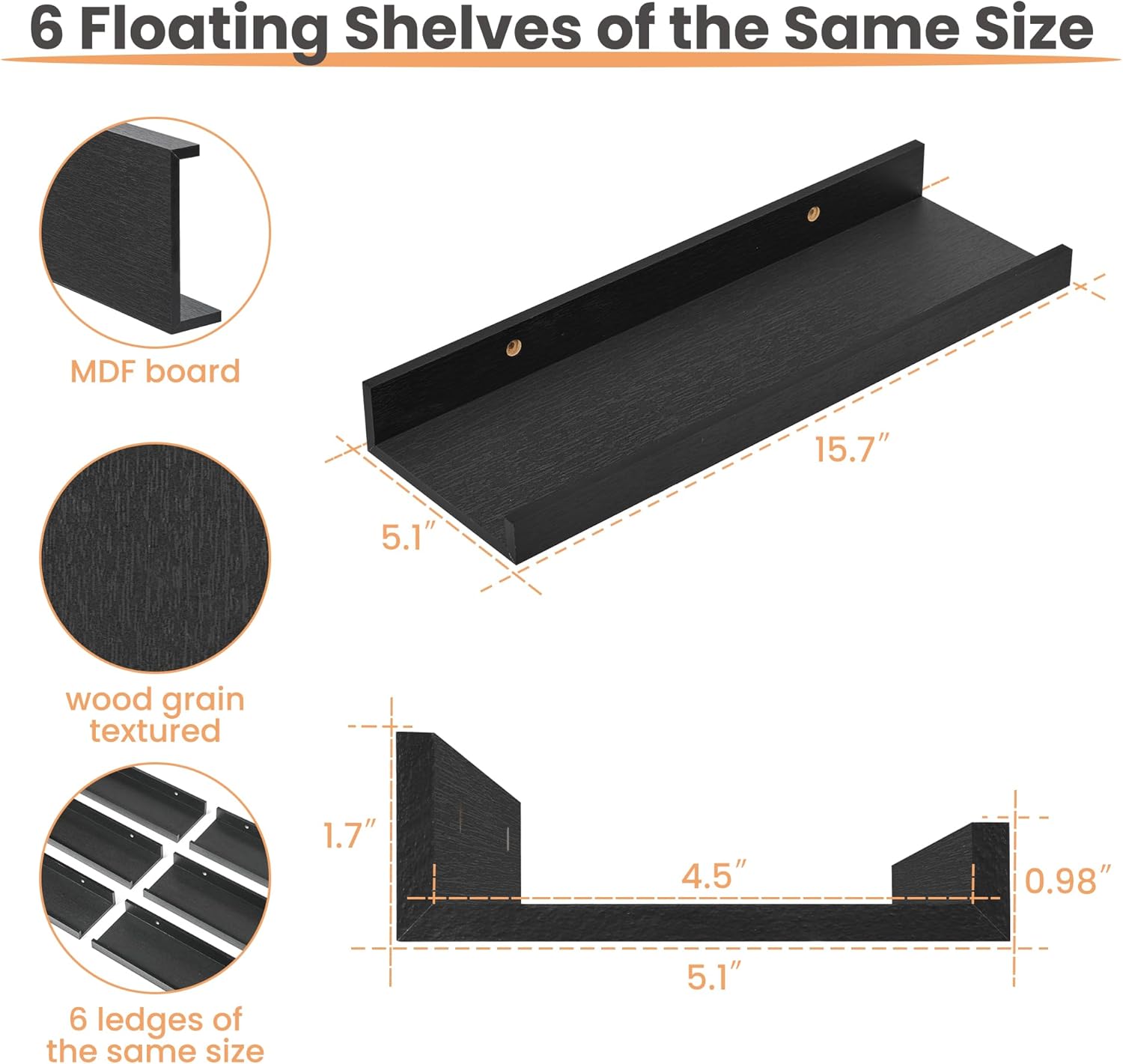 upsimples Floating Shelves for Wall Decor and Storage, Black, 6Pcs 15.7''