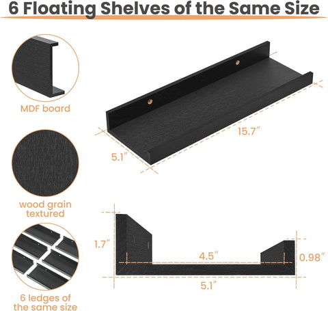 upsimples Floating Shelves for Wall Decor and Storage, Black, 6Pcs 15.7''