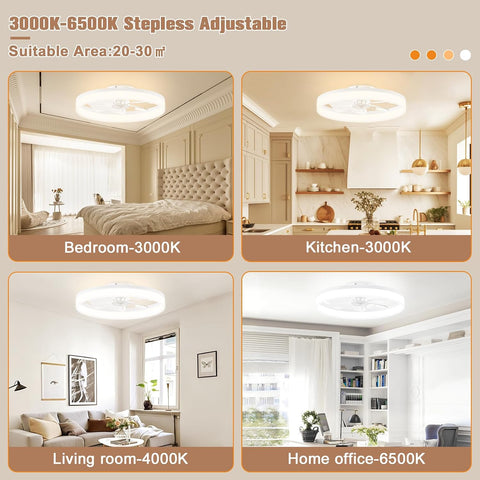 VOLISUN Low Profile Bladeless Ceiling Fans with Dimmable LED Light, 23.6in Flush Mount for Bedroom (White)