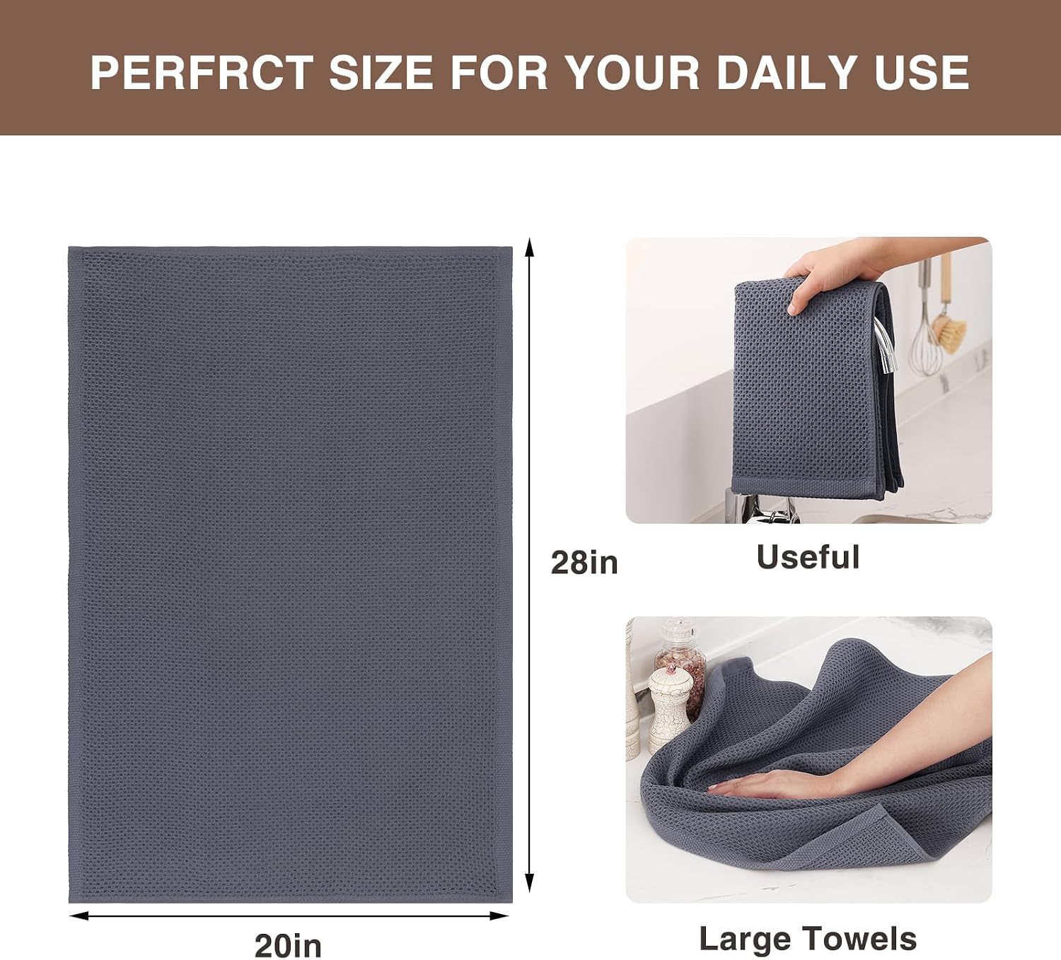 Homaxy 100% Cotton Oversized Waffle Weave Kitchen Towels 6-Pack, Dark Grey