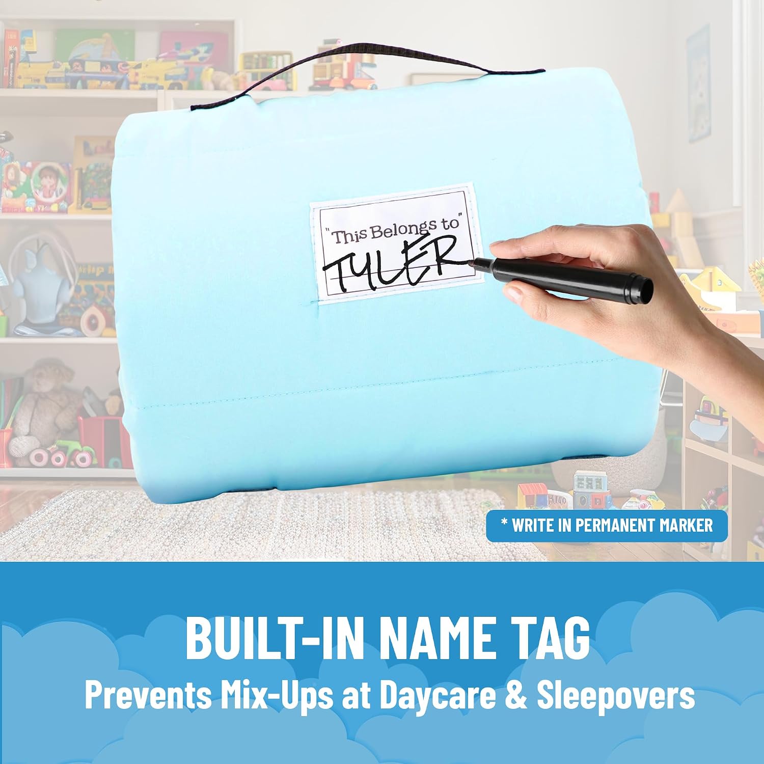 Jay Franco Kids Nap Mat with Embedded Pillow & Blanket – Soft 46"x20" Microfiber Sleeping Bag with Name Tag & Handle for School, Travel, Sleepover