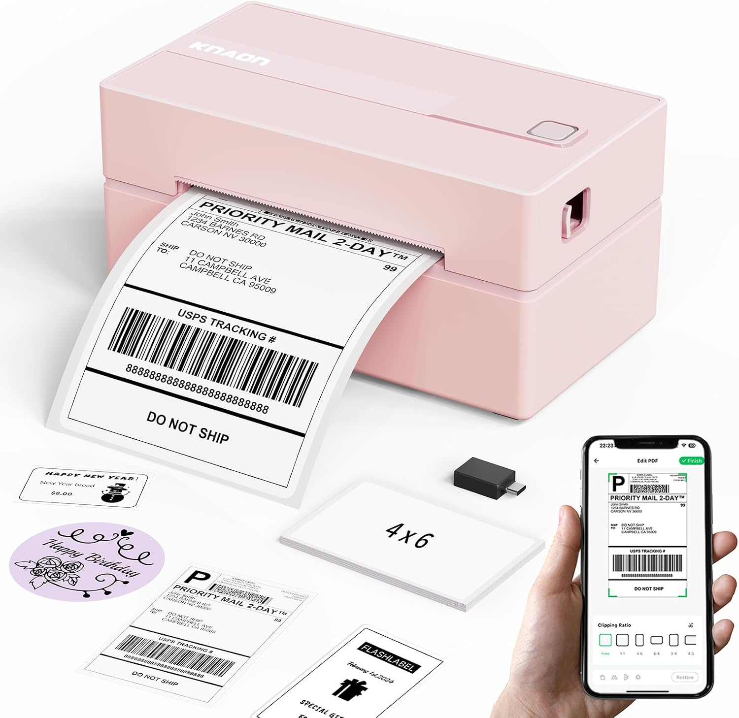 KNAON Bluetooth Thermal Shipping Label Printer 4x6 for Small Business, Pink