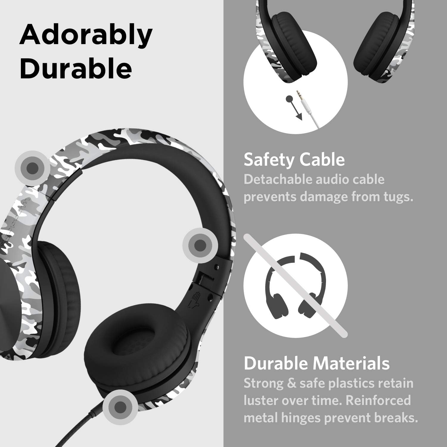 LilGadgets Connect+ Pro Wired Kids Headphones for School with Microphone, Volume Limiting Over-Ear Headset with Cord, SharePort Technology & SoftTouch Padding, Snow Camo