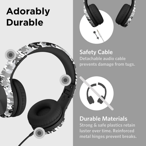 LilGadgets Connect+ Pro Wired Kids Headphones for School with Microphone, Volume Limiting Over-Ear Headset with Cord, SharePort Technology & SoftTouch Padding, Snow Camo