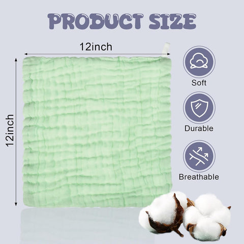 Breling 20 Pcs Baby Muslin Washcloth 12x12 in, White, Light Green, Green