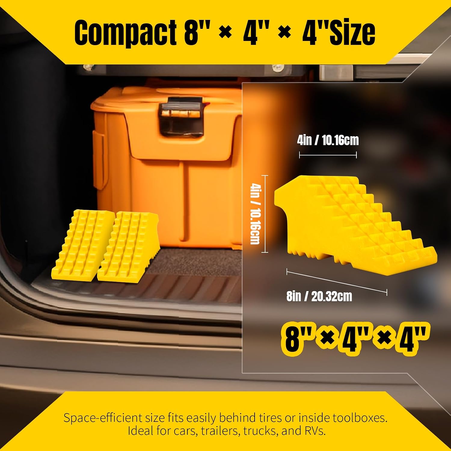 MaxxHaul High Visibility Poly Foam Wheel Chock 2-Pack | 8" x 4" x 4" Lightweight Tire Stop | Slip-Resistant Rubber Base | Built-in Handle | Safety Yellow (50503)