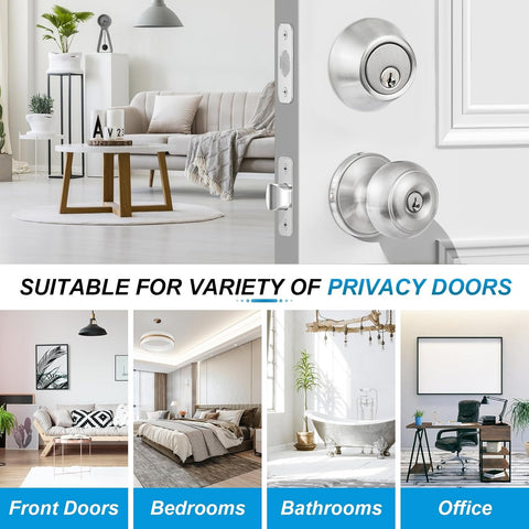 Plustool 4 Pack Exterior Door Lock Set, Satin Nickel Door Knob and Deadbolt Combo Set, Keyed Alike Entry Door Knobs with Lock&Keys, Round Ball Door Locksets with Deadbolt for Entrance and Front Door
