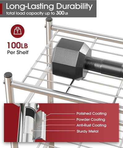 Sakugi Storage Shelves - 3 Tier Shelf Organizer, Sturdy Metal Shelving with Adjustable Leveling Feet, Space-Saving Shelves Organizer for Pantry, Laundry, Kitchen (18" x 12" x 30", Silver)