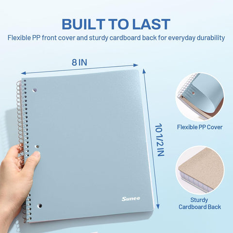 SUNEE Spiral Notebook, 1-Subject, College Ruled Paper, 8" x 10-1/2", 100 Sheets per Notebook, 3-Hole Punched Paper, Water Resistant Cover, Double-sided Pockets, Grey Blue