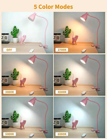 BOHON Cute Desk Lamp with Clamp Clip on Light, 5 Color 10 Brightness, Pink