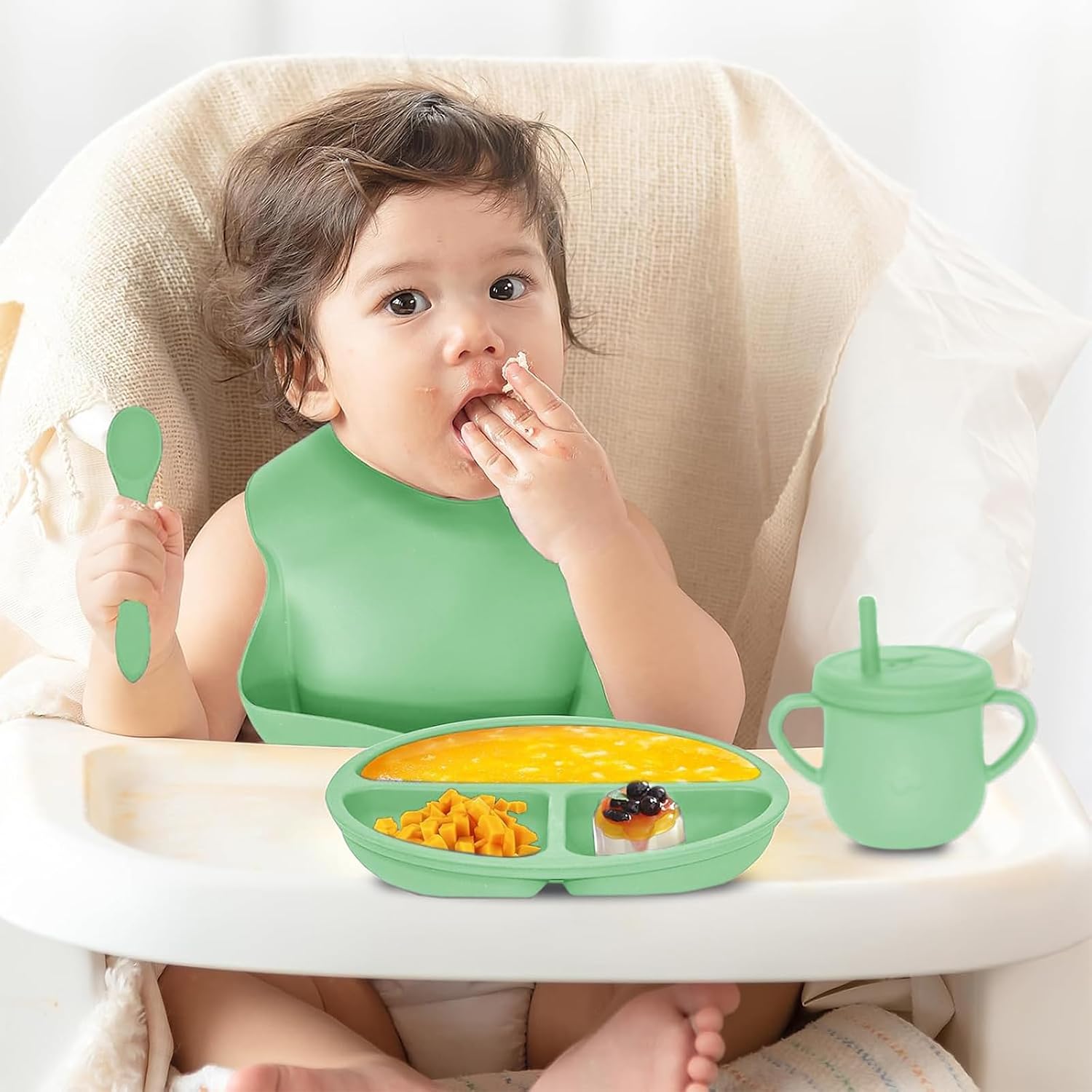 100% Silicone baby feeding set,BPA free Baby dishes set with Suction Bowl Divided Plate,Toddler Self Feeding Dish Set with Spoons Forks Sippy Cup And Bib, Baby Eating Utensils (Neon Green)