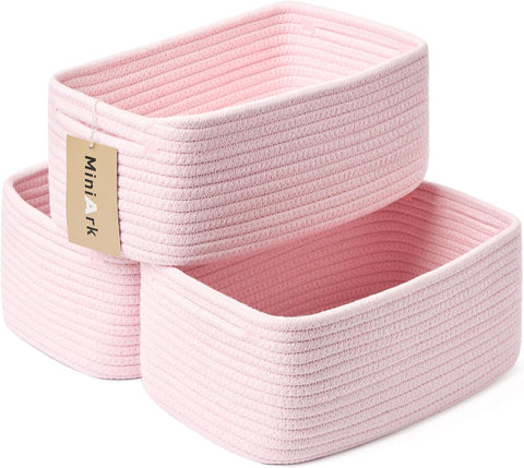MiniArk Small Storage Baskets for Organizing | Closet Organizer Bins | Shelf Toy Basket | Woven Rope Baskets | Cube Decorative Box | Shallow Basket | 13x8.5x5.1” | 3 Packs Light Pink