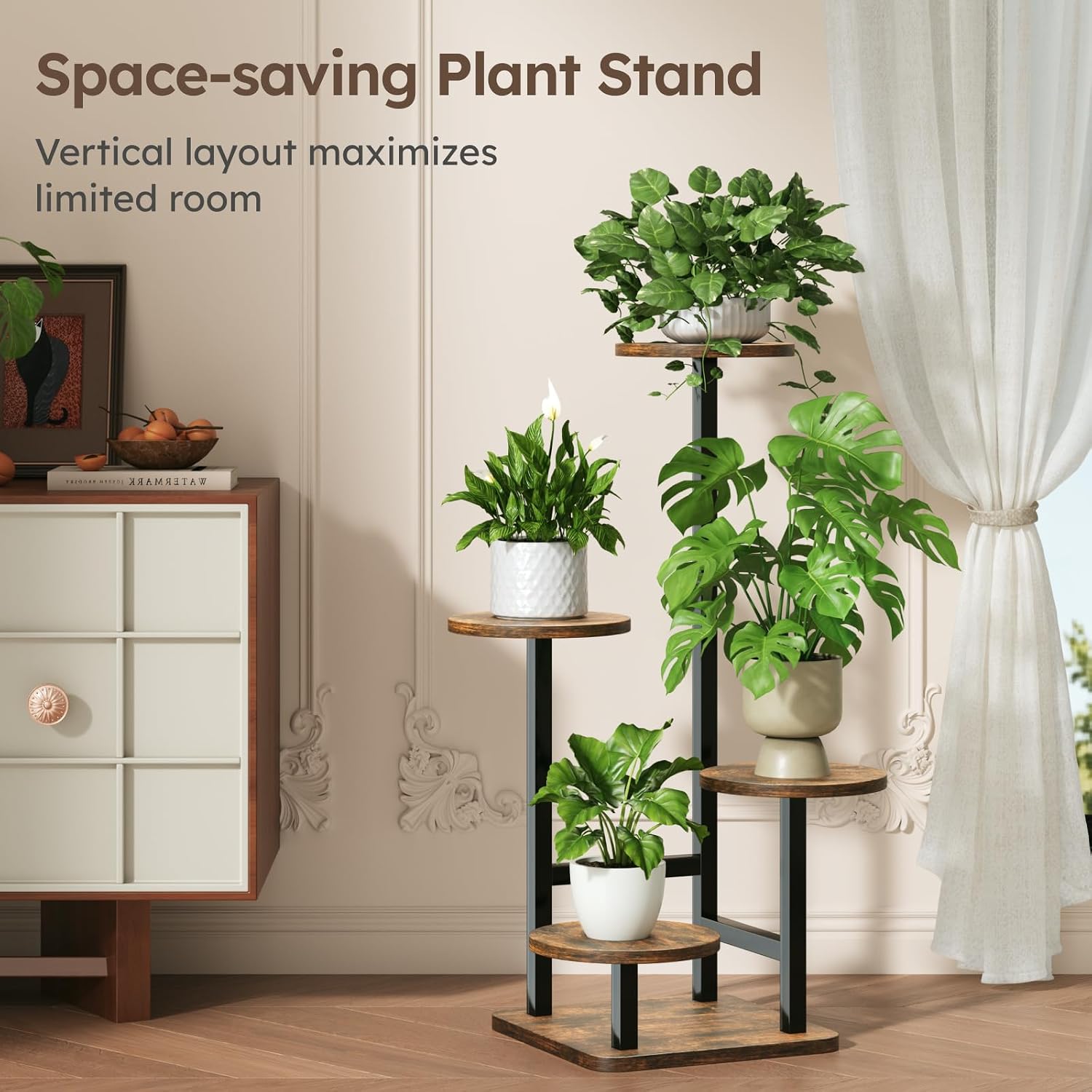 Homsorout Plant Stand Indoor - 4 Tiered Indoor Plant Stand, Metal Plant Shelf Plant Holder, Ideal for Living Room, Garden, Patio, Balcony (Black Brown)