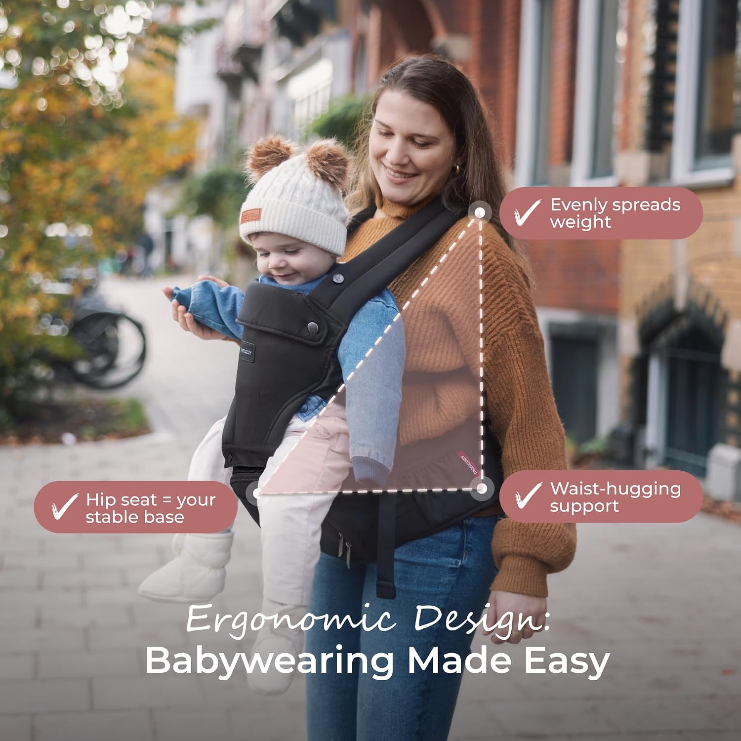 Momcozy Baby Carrier with Hip Seat, 2-in-1 Forward-Facing Carry for Long Walks, Detachable Hands-Free Infant Carrier 7-44lbs, All Seasons Toddler Carrier Fits Waist Sizes up to 45 Inches, Black