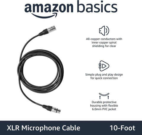 Amazon Basics XLR Microphone Cable for Speaker or PA System, Recording Studio, All Copper Conductors, Low Noise, 10 ft, Black