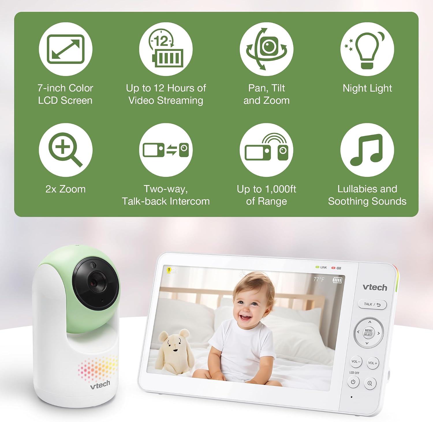 VTech Baby Monitor No WiFi, 7" IPS Screen, 5000mAh 12Hr Battery, 360° Pan Tilt Zoom, Night Vision, Multi-Color Night Light, 2-Way Talk| Advanced Max Green