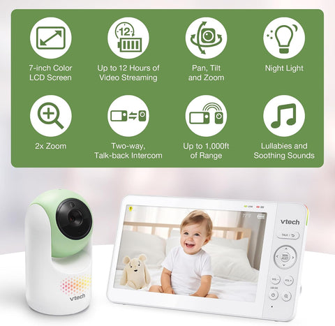 VTech Baby Monitor No WiFi, 7" IPS Screen, 5000mAh 12Hr Battery, 360° Pan Tilt Zoom, Night Vision, Multi-Color Night Light, 2-Way Talk| Advanced Max Green
