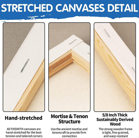 FIXSMITH Stretched White Blank Canvas- 12x12 Inch,Bulk Pack of 8,Primed,100% Cotton,5/8 Inch Profile of Super Value Pack for Acrylics,Oils & Other Painting Media