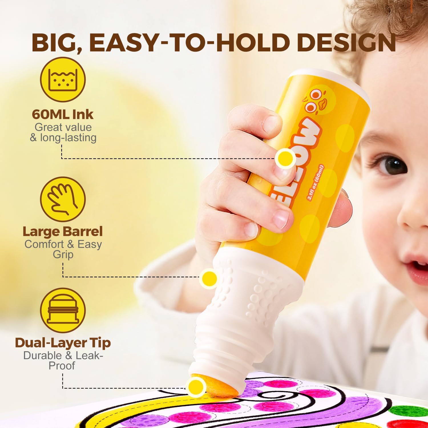 Jar Melo Washable Dot Markers for Toddlers, 6 Colors, Large 60ML