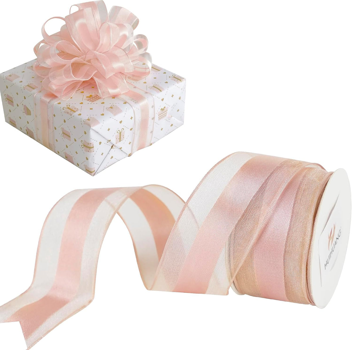 HUIHUANG Rose Gold Sheer Wired Ribbon with Satin Stripe 1-1/2" x 10 Yards