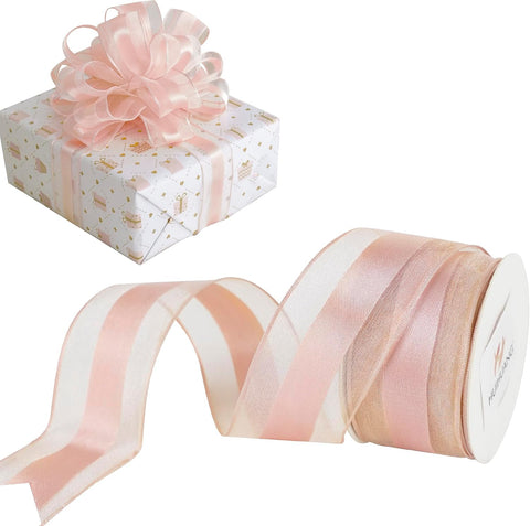 HUIHUANG Rose Gold Sheer Wired Ribbon with Satin Stripe 1-1/2" x 10 Yards