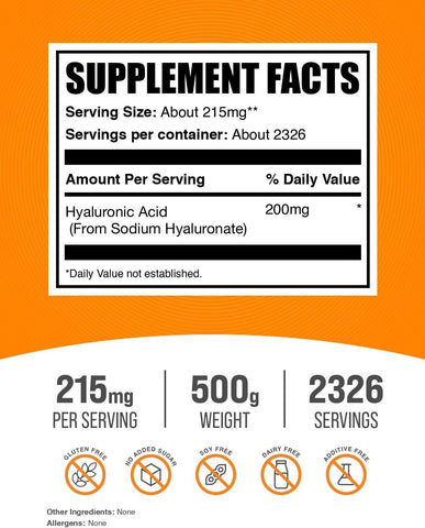 BulkSupplements.com Hyaluronic Acid Powder - as Sodium Hyaluronate, Hyaluronic Acid Supplements - Food Grade, Gluten Free - 215mg per Serving, 500g (1.1 lbs) (Pack of 1)