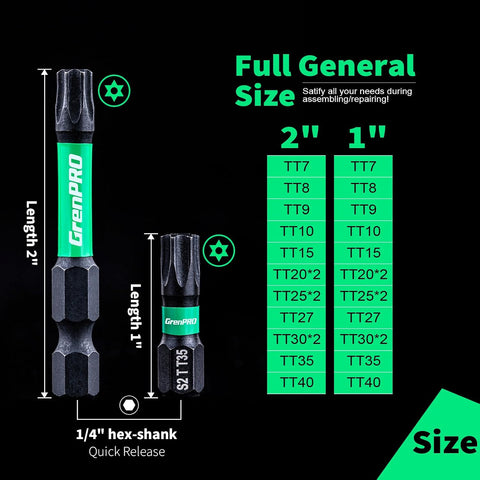 GRENPRO Torx Bit Set 29pcs(TT7-TT40), 1''&2'' S2 Steel Security Torx